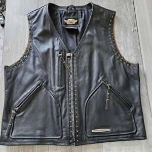 Harley-Davidson Men Studded Black Leather Biker Motorcycle Full Zip Vest Size XL